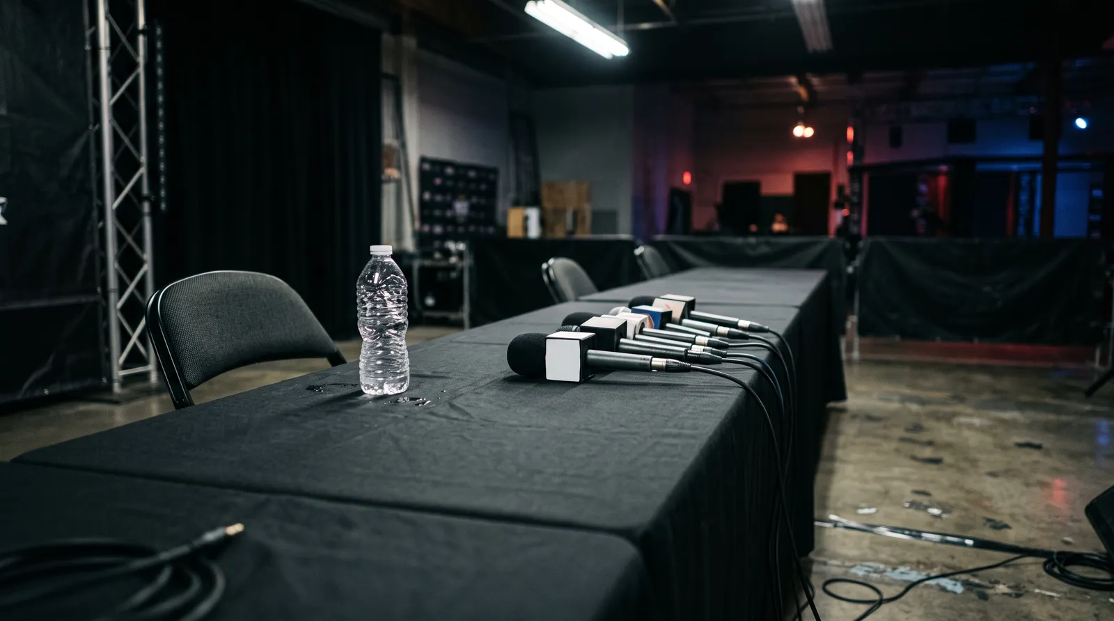 Empty press conference table with a row of microphones and a pushed-back chair