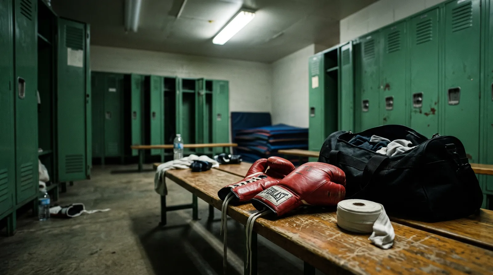 Boxing gloves and hand tape left on a bench in an empty locker room