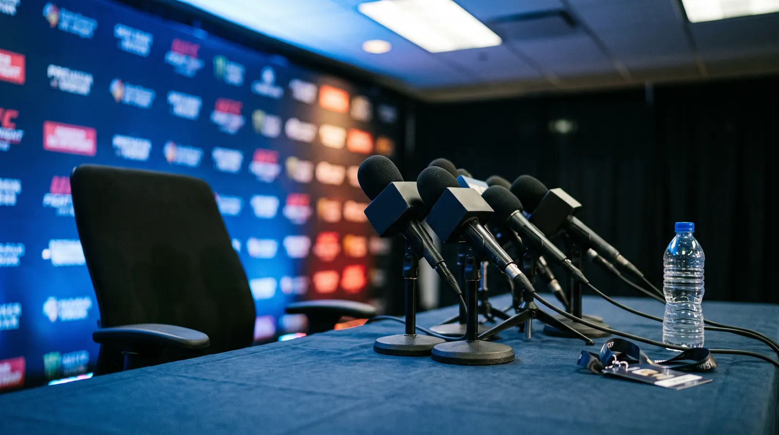 Empty press conference table with microphones and a pushed-back chair after a UFC event