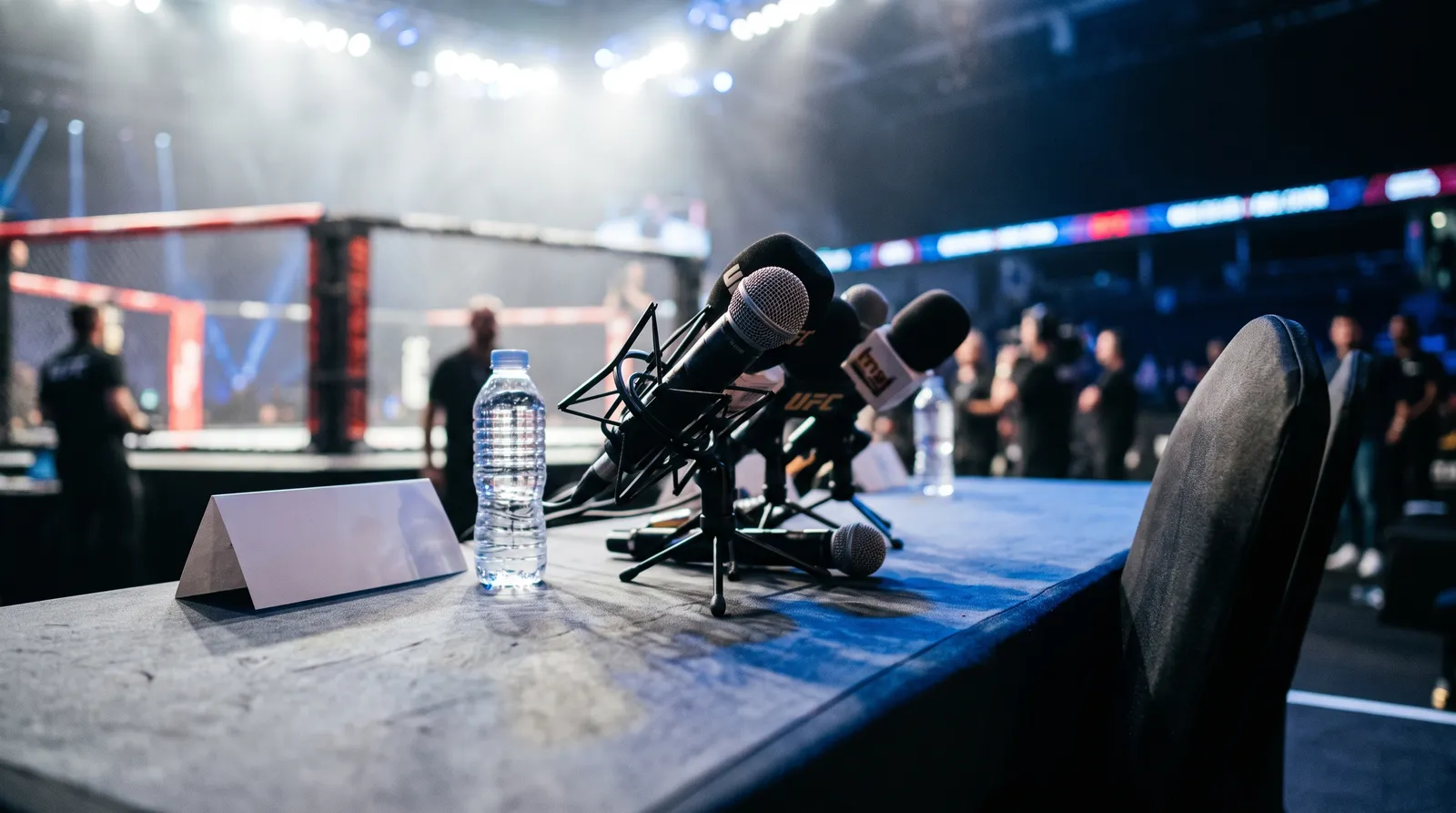 Microphones crowded on an empty press conference table under bright stage lights