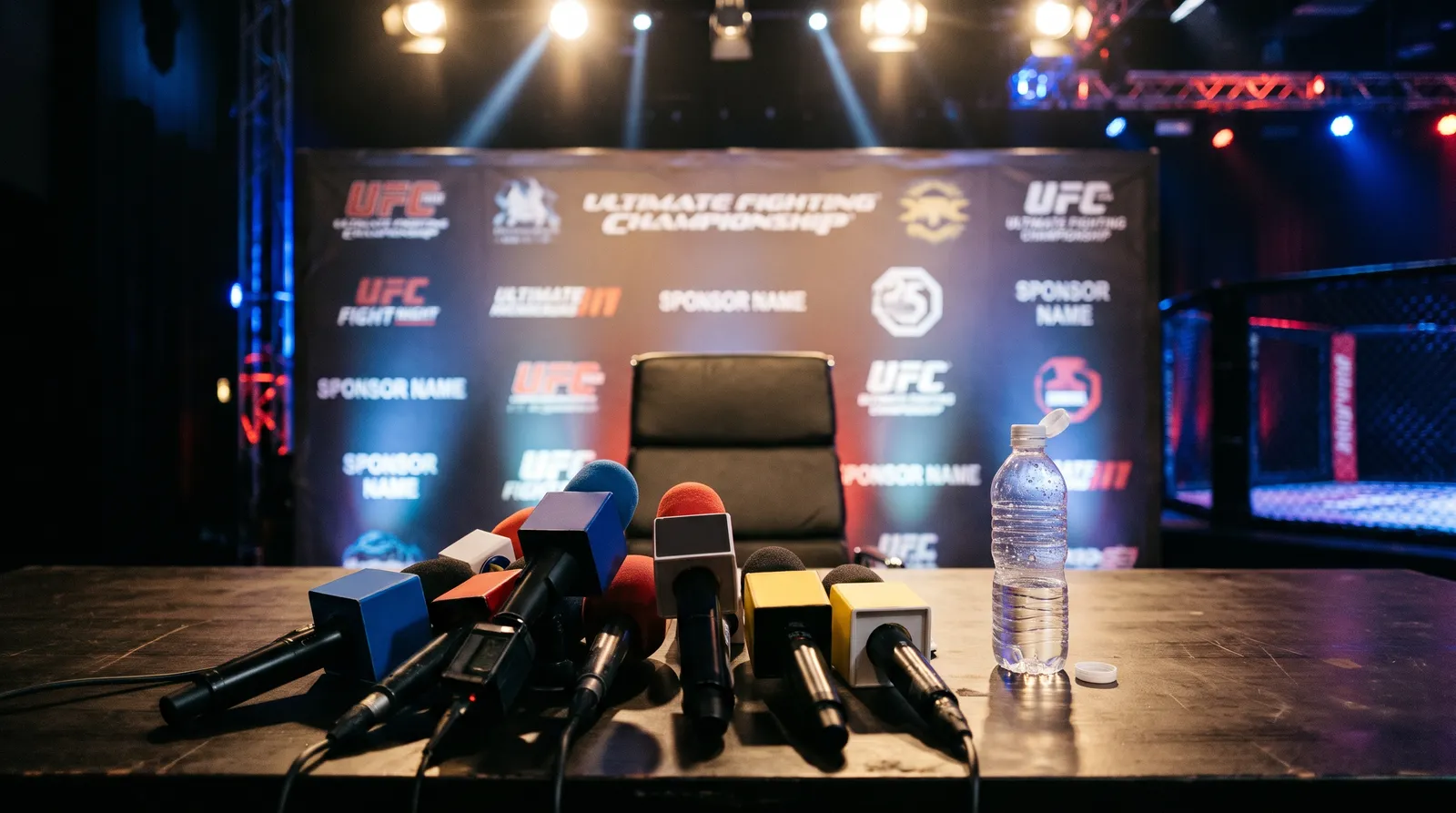 Microphones lined up on an empty press conference table under stage lights