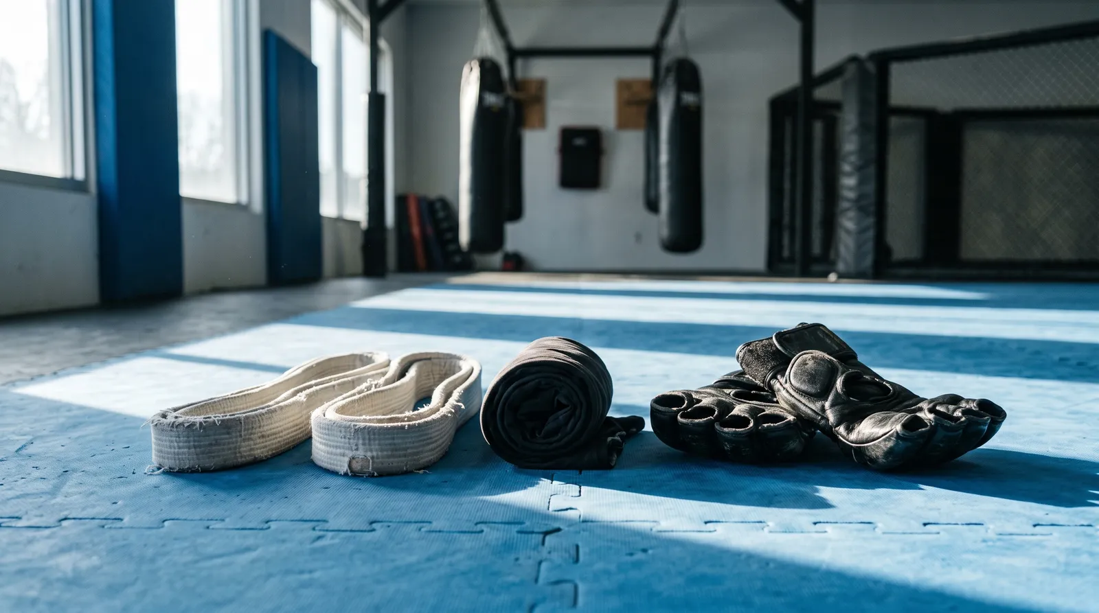 Jiu-jitsu belts and MMA gloves resting on gym mats in early morning light