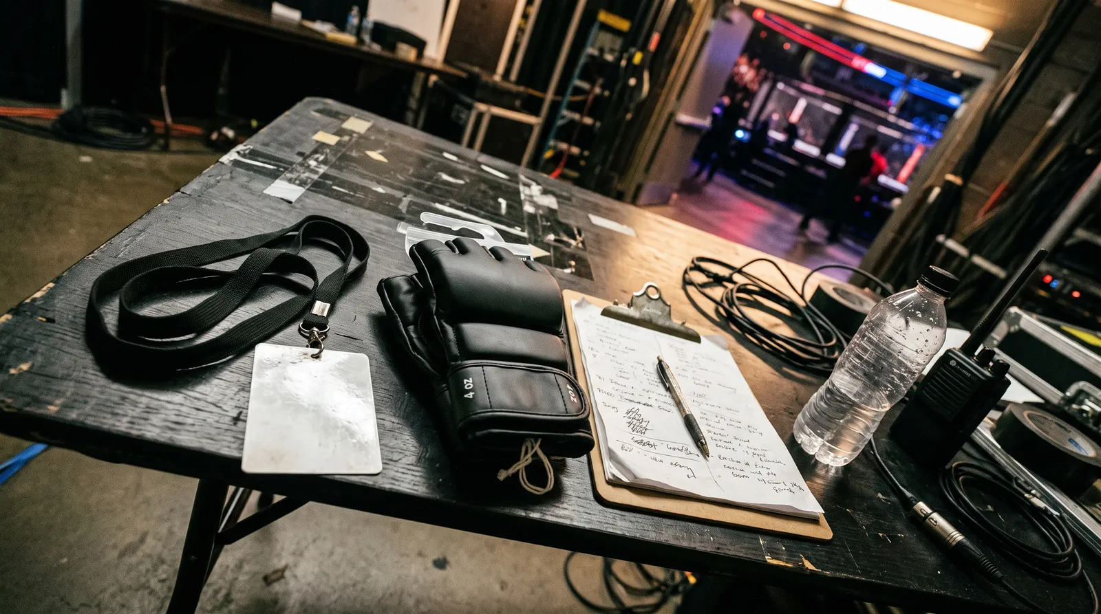 A UFC staff lanyard resting beside a new pair of unworn fight gloves on a backstage table