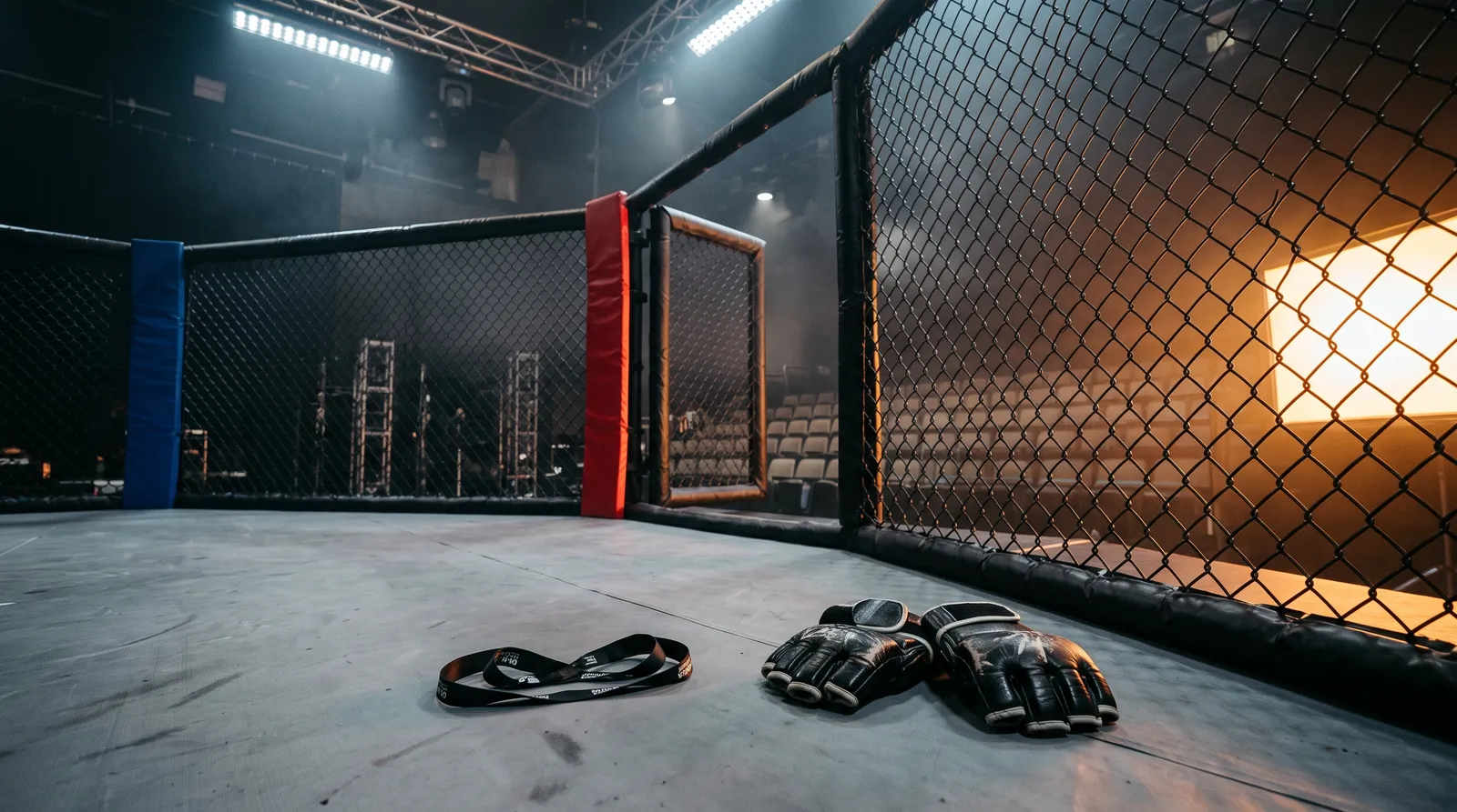 Discarded MMA gloves and a staff lanyard on an empty octagon canvas after the event