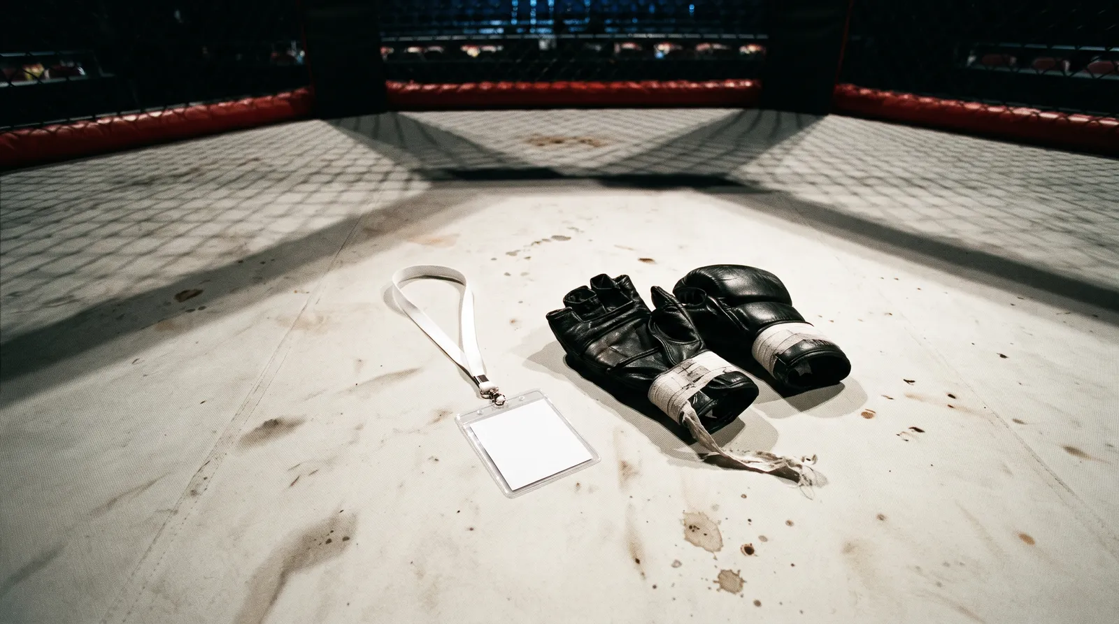 An employee ID badge lying beside used MMA gloves on an empty octagon canvas