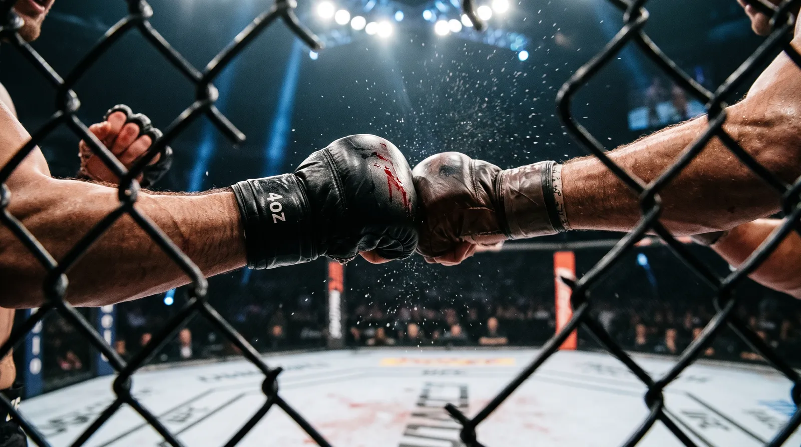 Two gloved fists collide in the octagon as sweat flies, shot through the cage fence