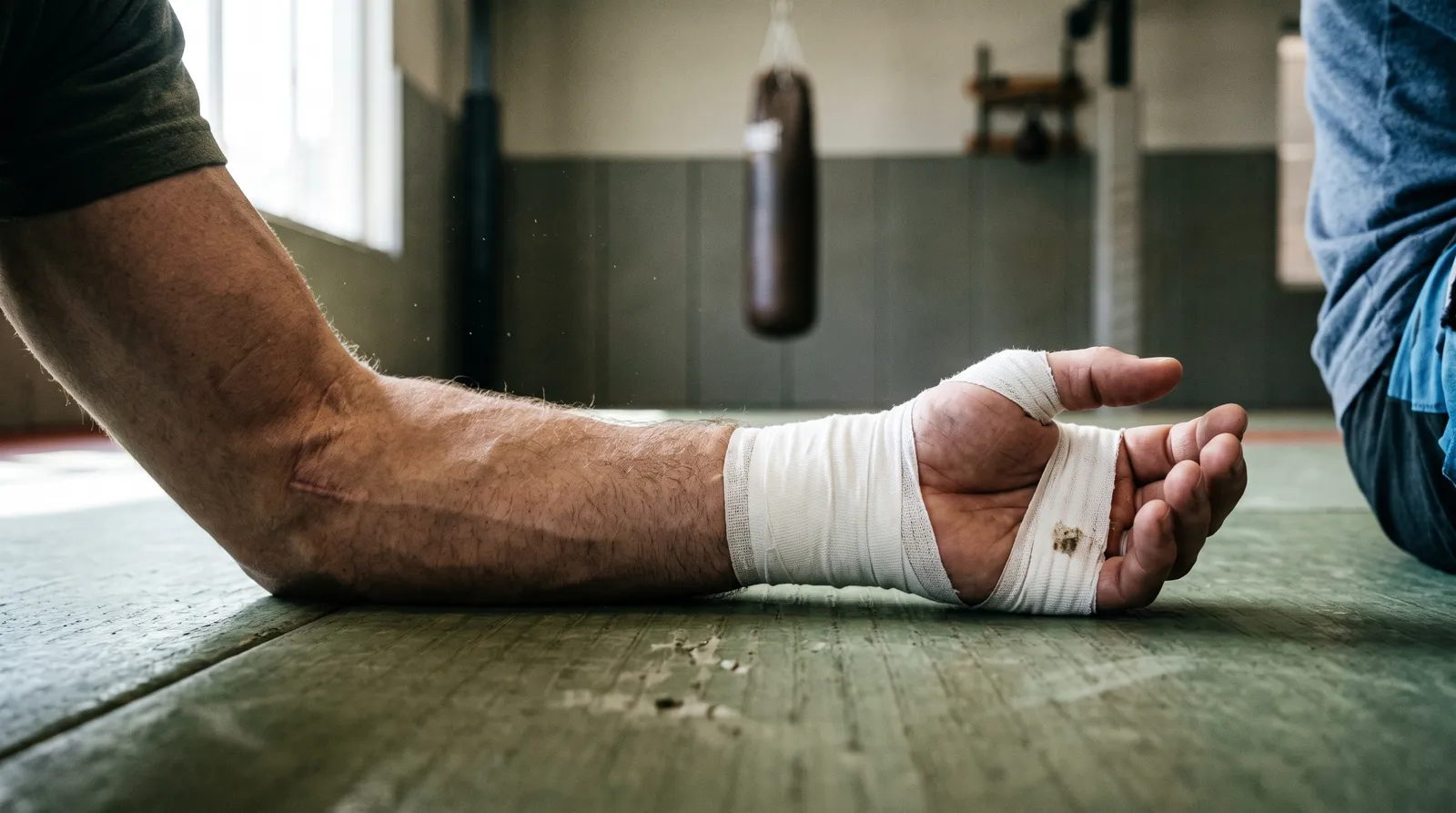 A taped fighter's forearm resting on a gym mat in early morning light