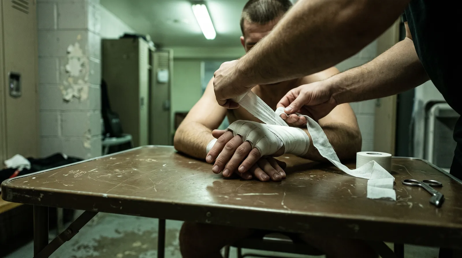 Bare hands being wrapped with gauze and tape in a dim locker room