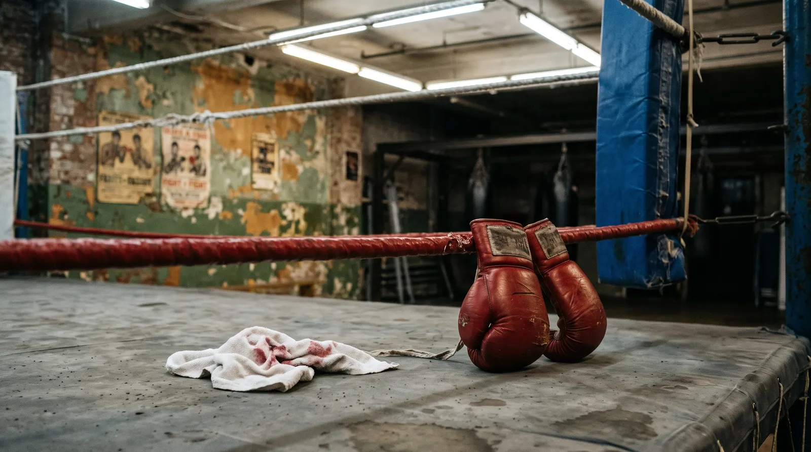 A blood-spotted towel and sparring gloves on the canvas of an old boxing gym ring
