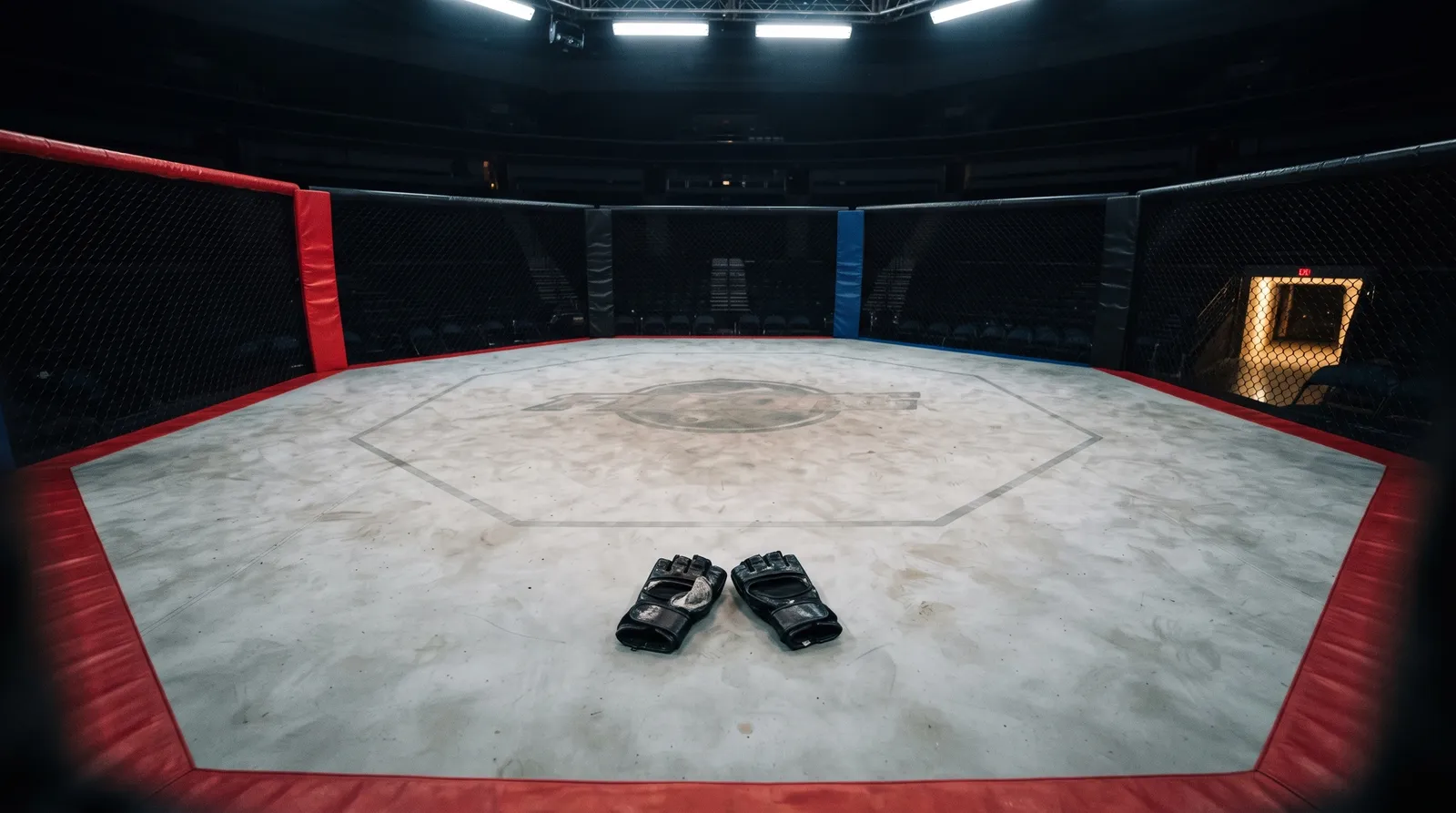 A pair of MMA gloves resting on an empty octagon canvas under arena work lights