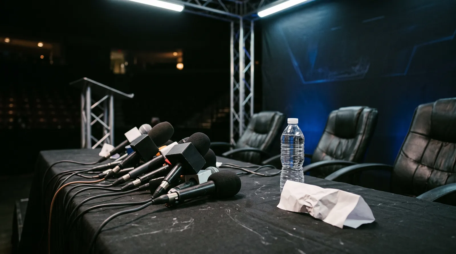 Empty press conference table with microphones and pushed-back chairs under harsh light