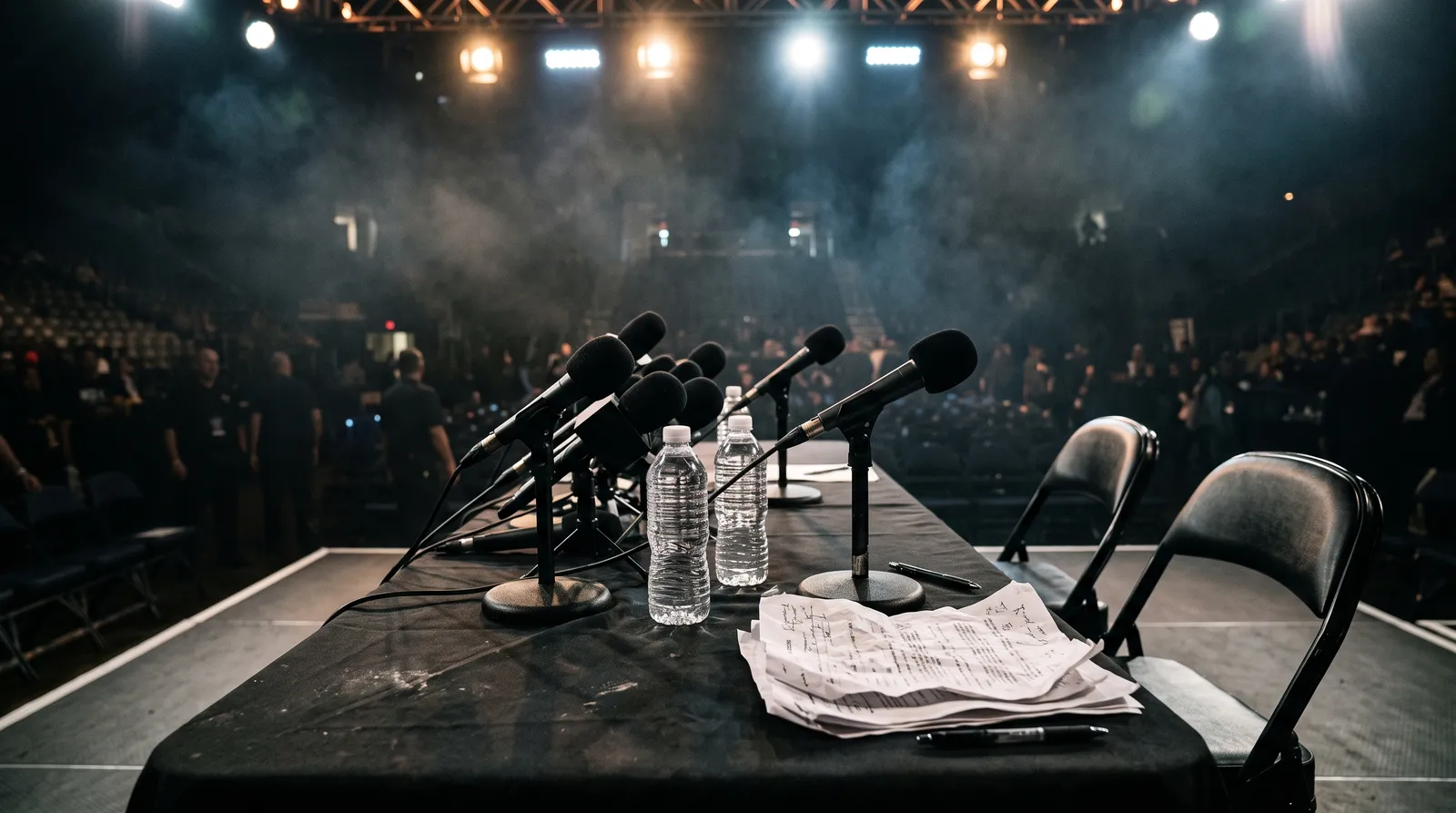 Empty press conference table with microphones and papers under stage lights