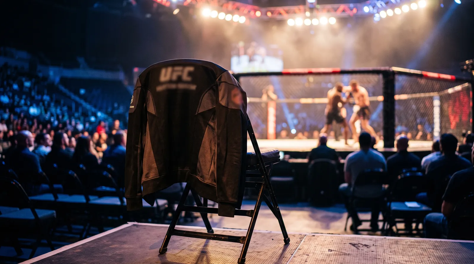 An empty cageside chair with a jacket draped over it, the octagon blurred behind