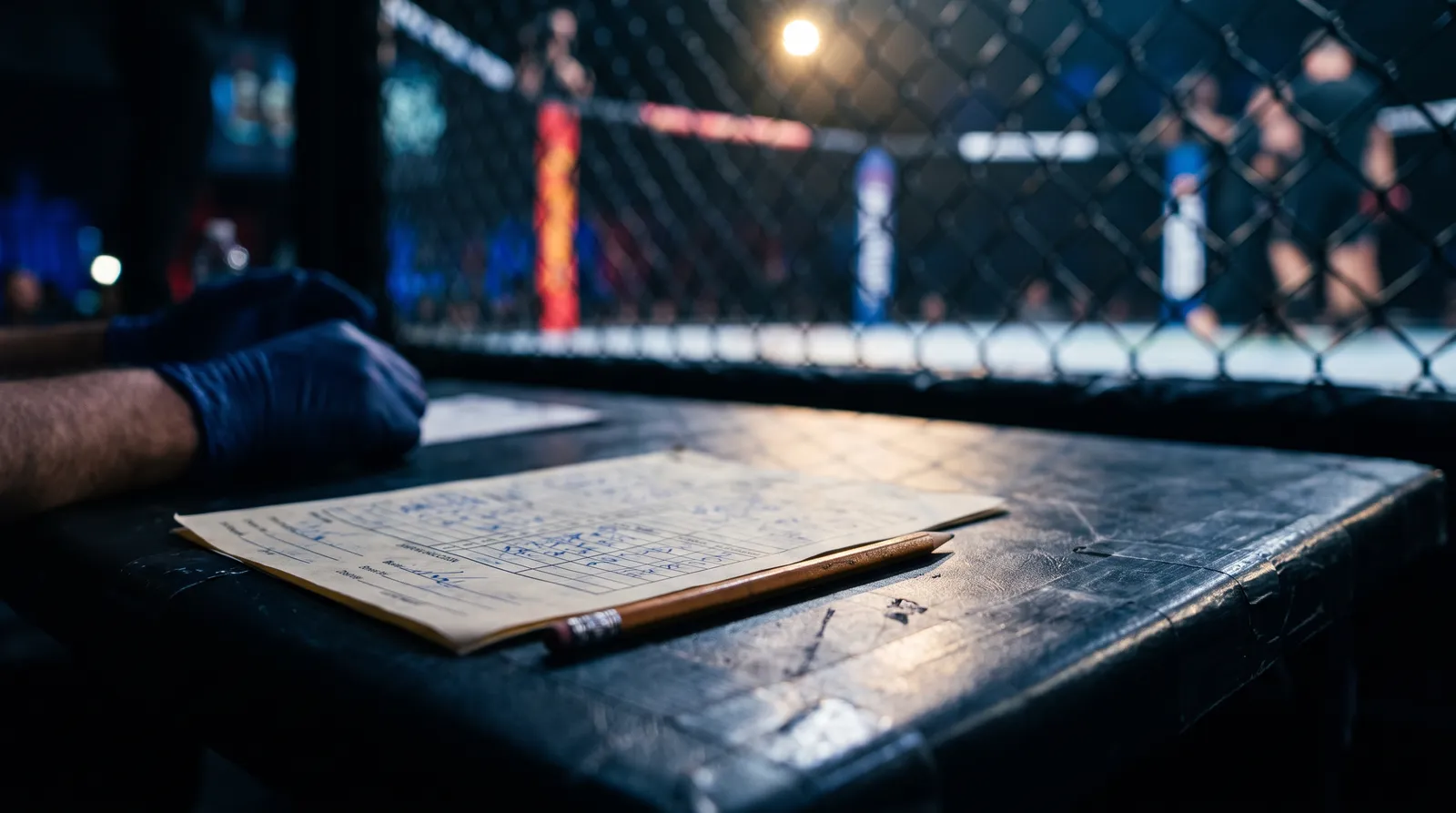 A judge's scorecard and pencil on a cageside table with the octagon lights blurred behind