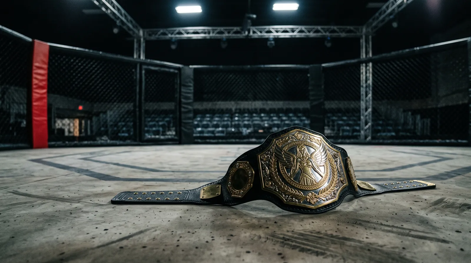 A championship belt lying on the canvas of an empty octagon under work lights