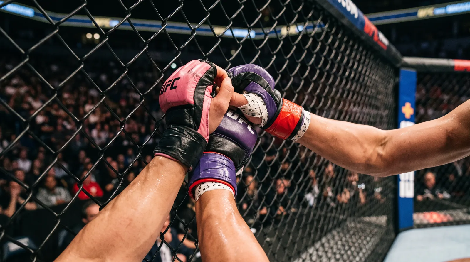 Two flyweights' gloved hands locked in a clinch against the octagon fence