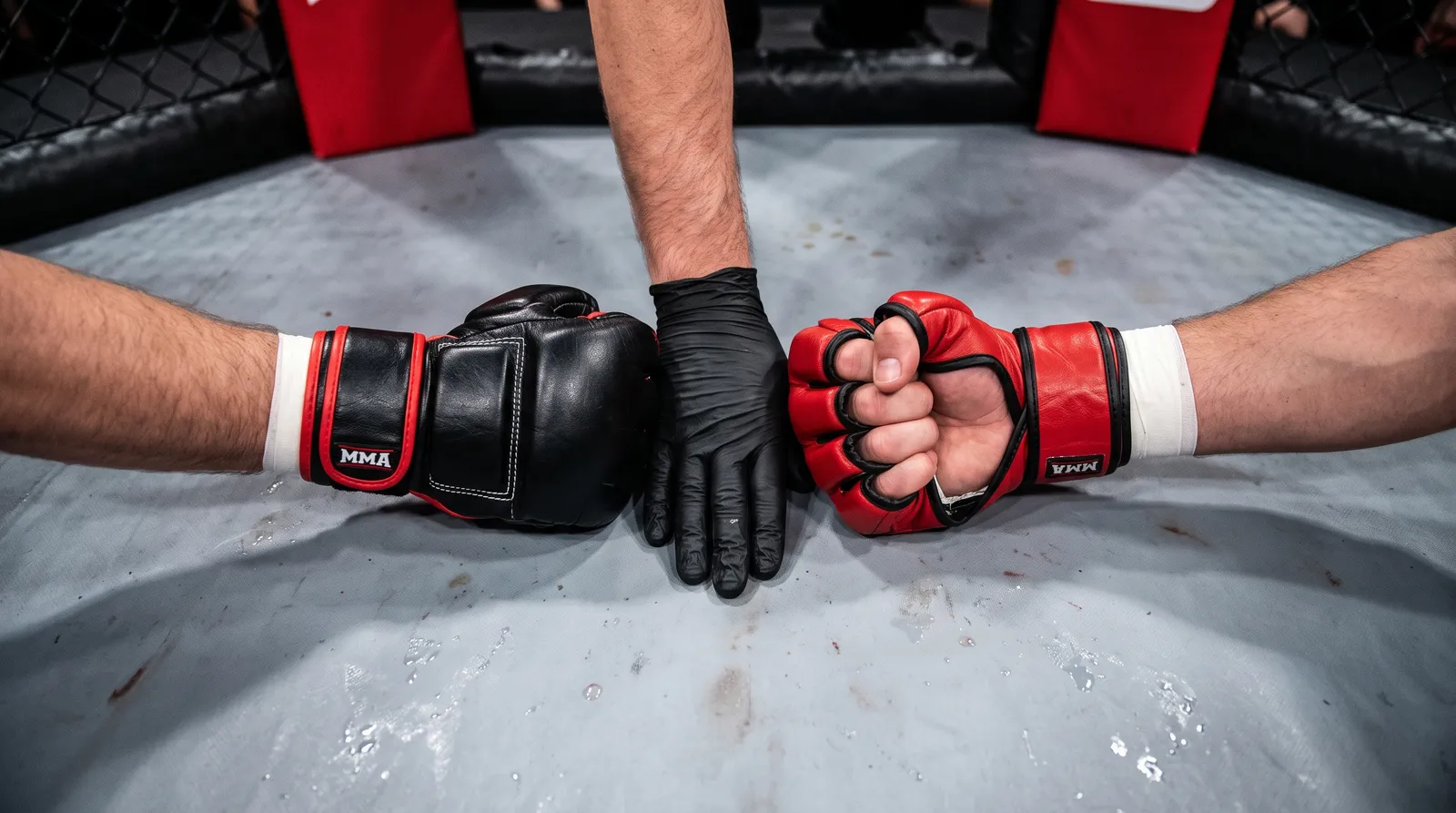 A referee's hand separates two fighters' gloves at the center of the octagon