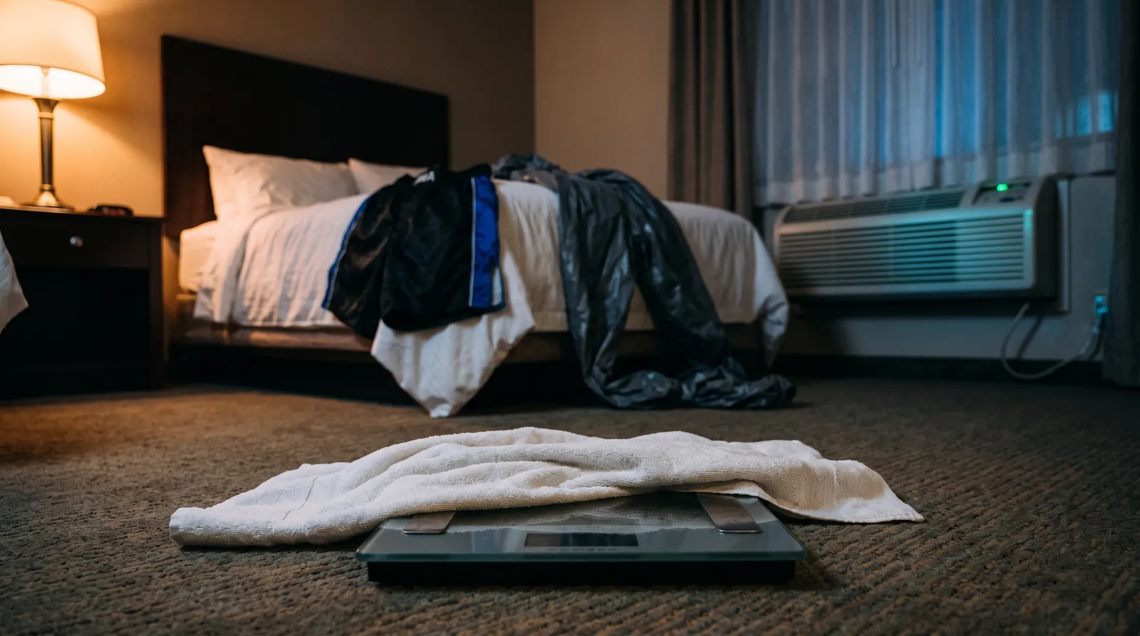 A bathroom scale with a towel on it in a dark hotel room beneath a glowing air conditioner