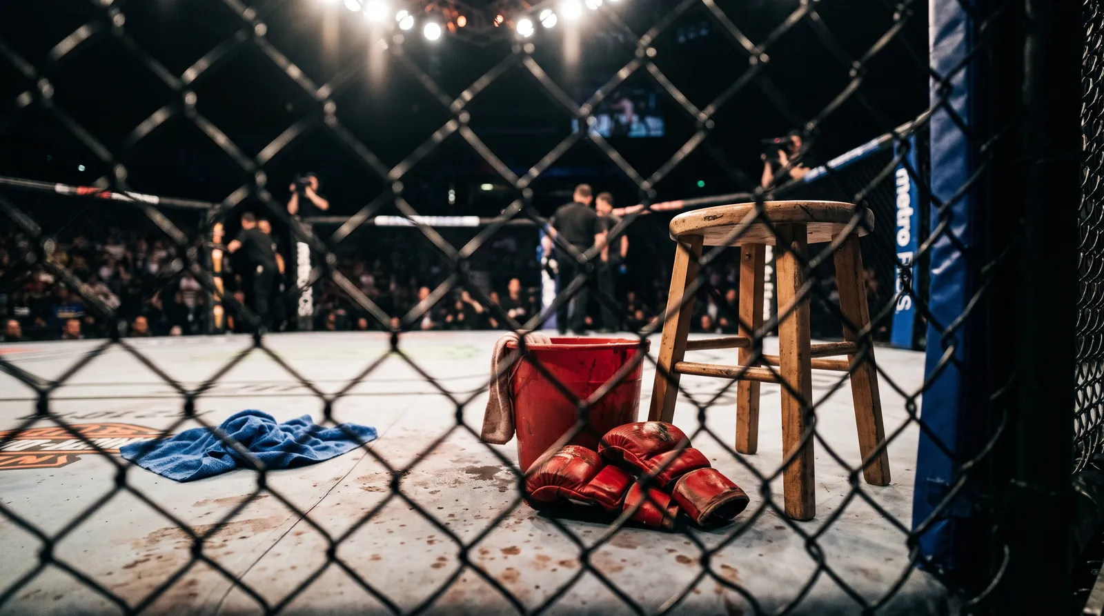 An empty corner stool, water bucket and used gloves on the octagon canvas after a fight