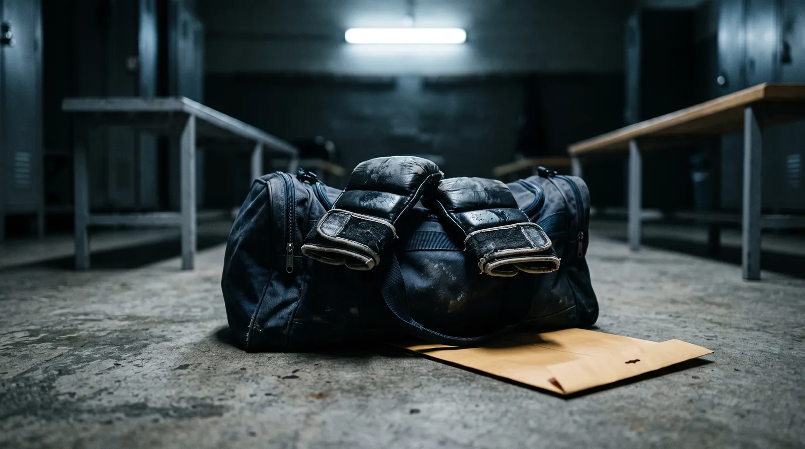 MMA gloves resting on a gym bag on a locker room floor beside an envelope
