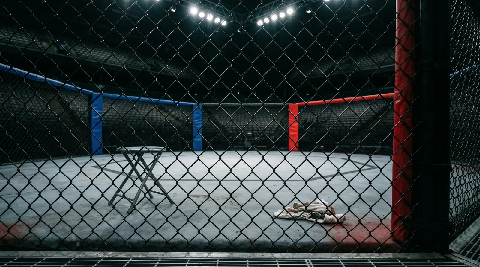 An empty octagon under work lights with a lone stool and discarded hand wrap on the canvas