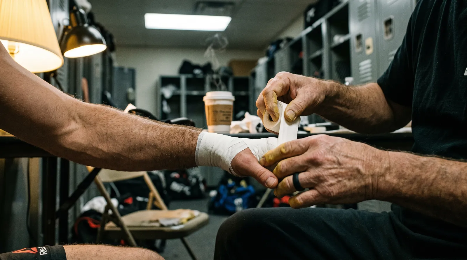 A cutman wraps a fighter's hands in white tape in a locker room beside a cup of coffee