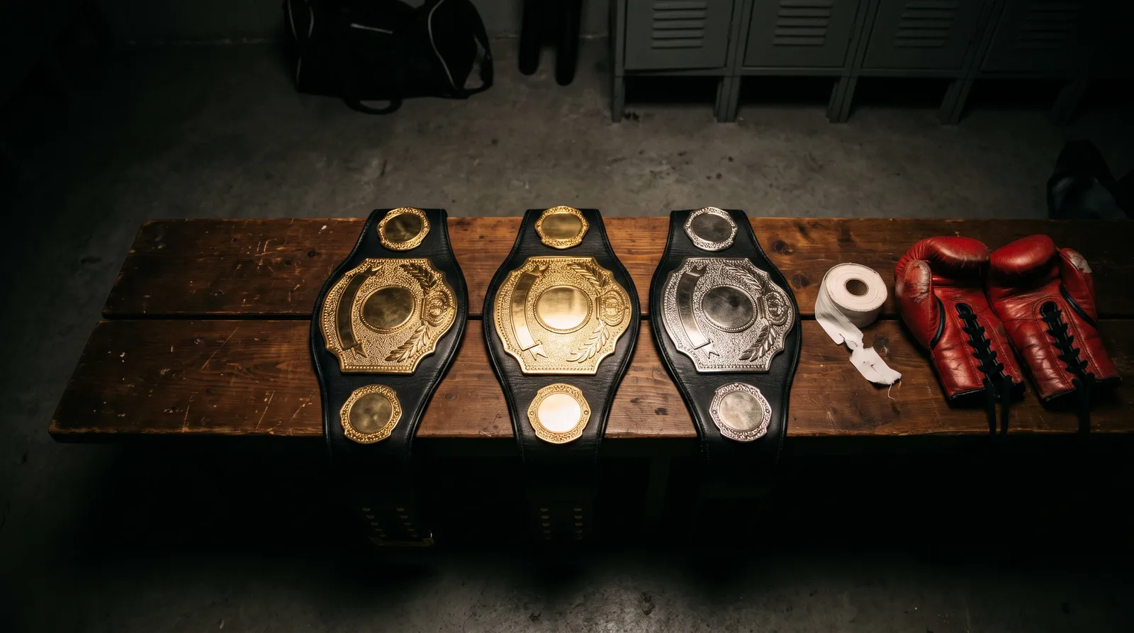 Three championship belts on a locker room bench beside hand tape and gloves
