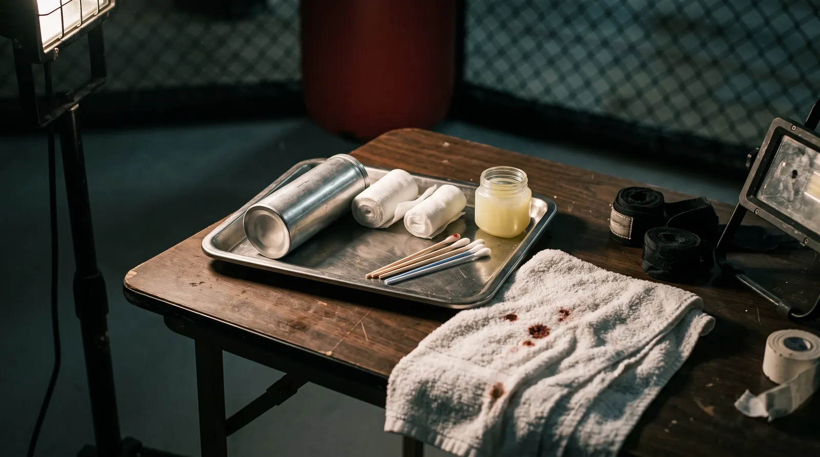 A cutman's tray with an enswell, gauze and a bloodstained towel in a dim gym