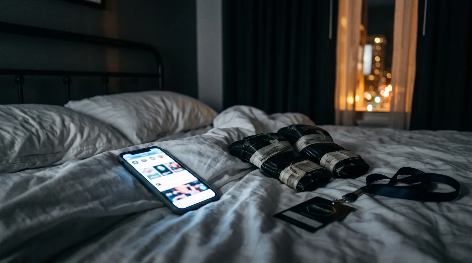 A glowing phone on a hotel bed beside taped fight gloves at night
