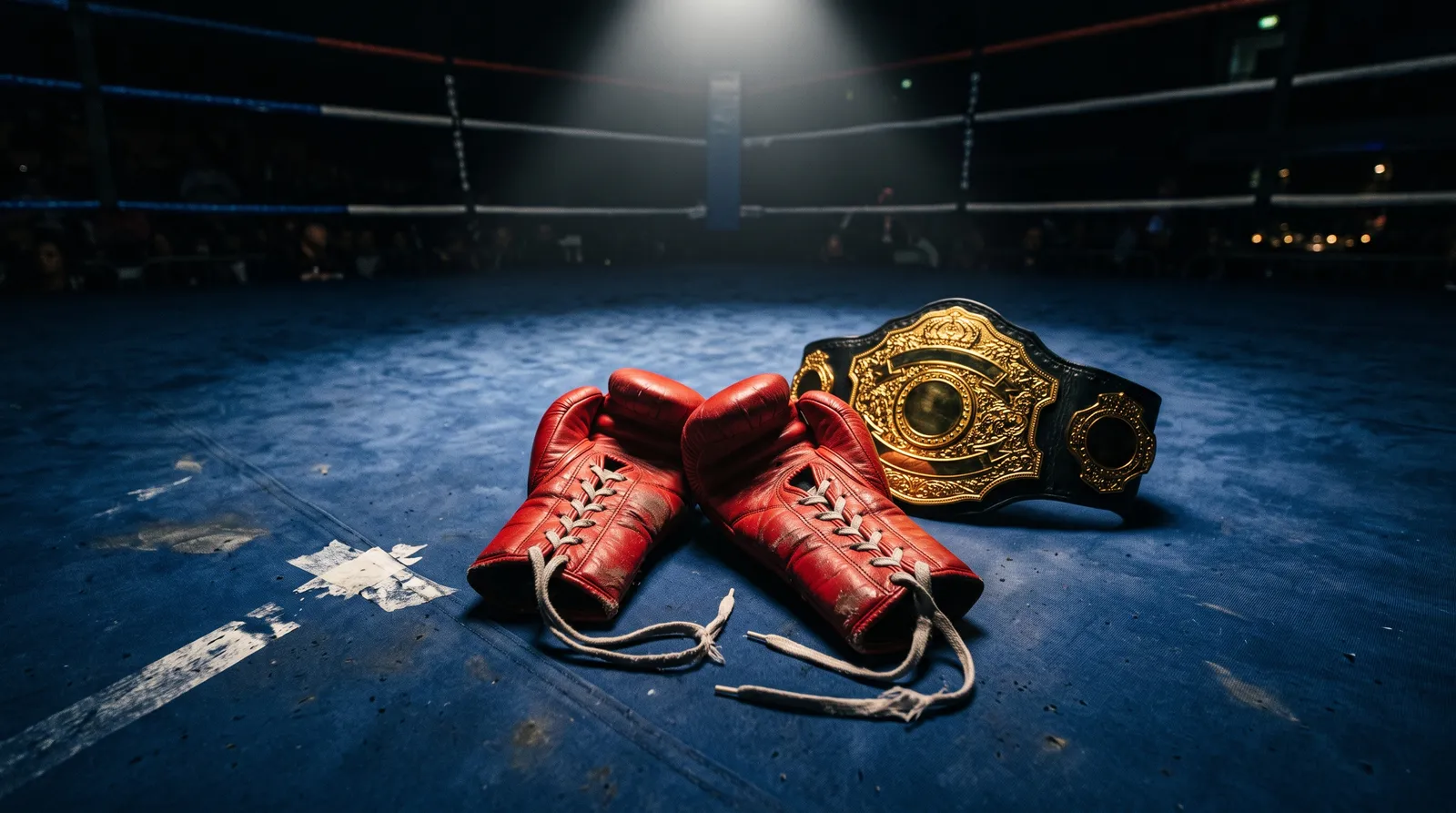 Kickboxing gloves and a championship belt on a spotlit ring canvas