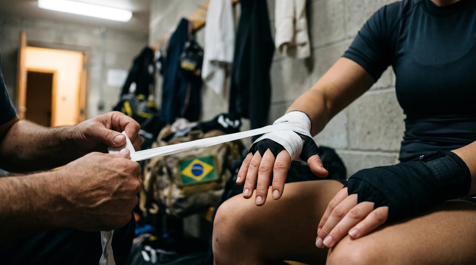 A fighter's hands being taped in a locker room before a bout
