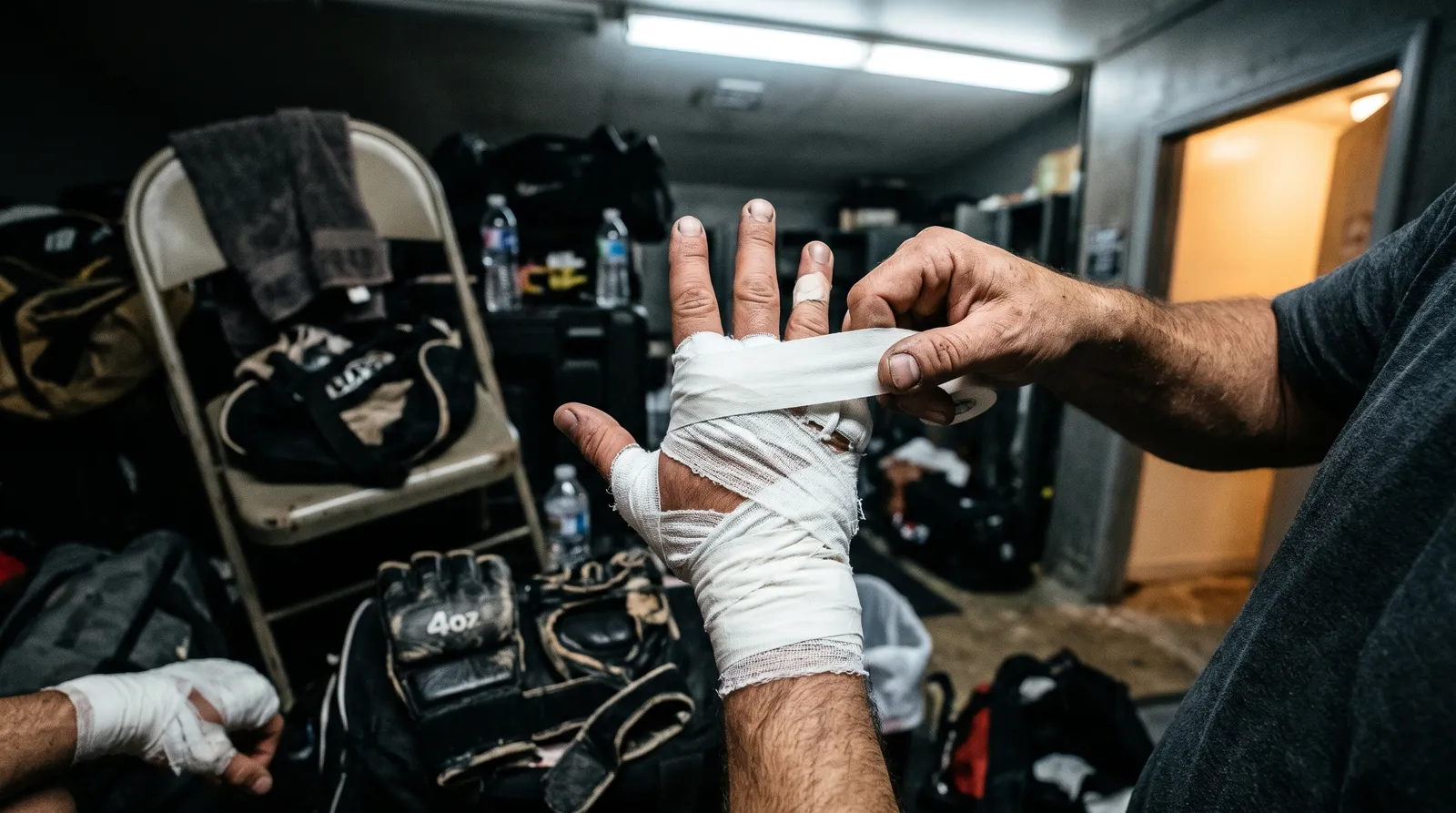A light heavyweight's hands being taped in a locker room before a fight
