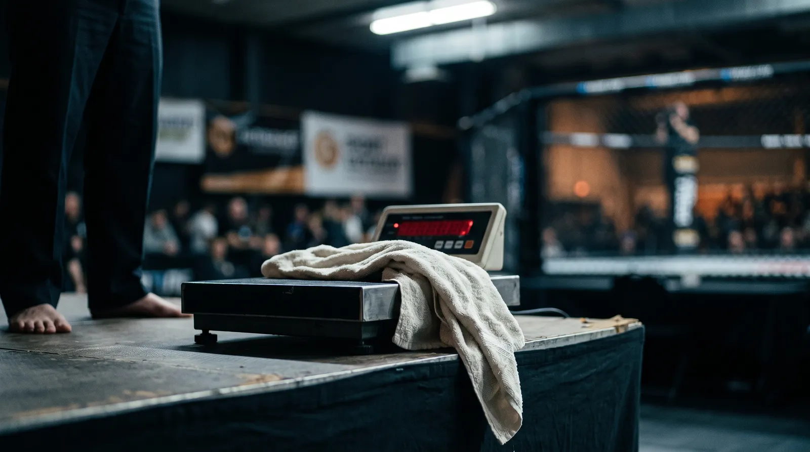 A weigh-in scale with a towel draped over it under harsh fluorescent light