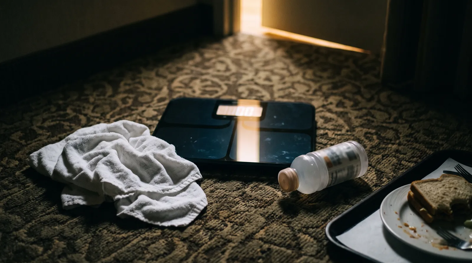 A glowing digital scale on a dark hotel carpet next to a towel and a room service tray