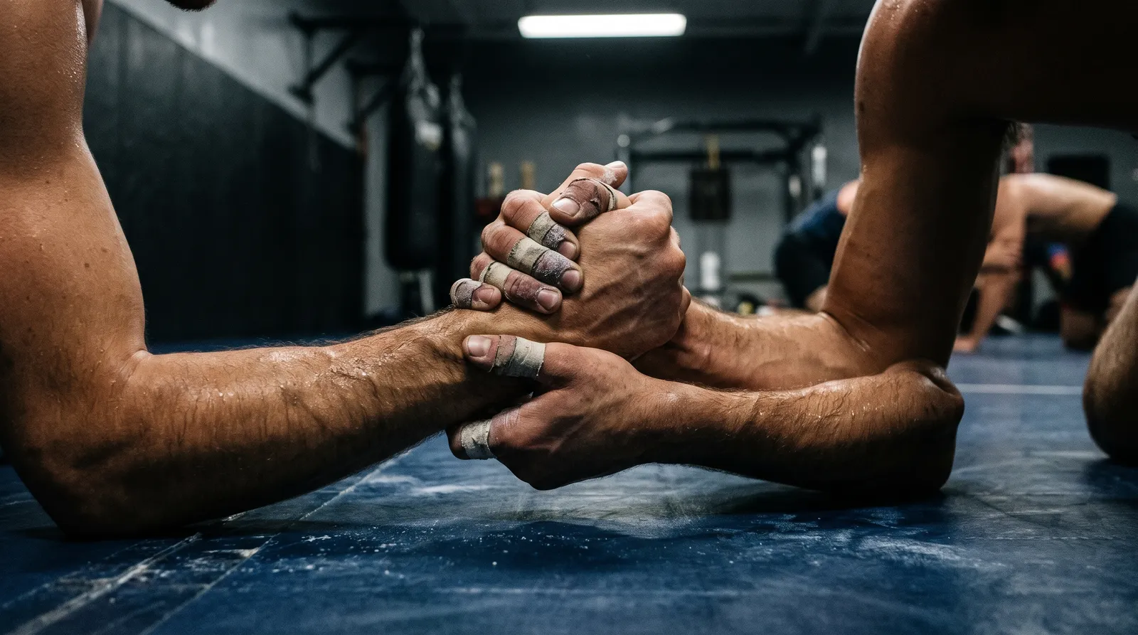 Two wrestlers' hands locked in a collar tie on a gym mat