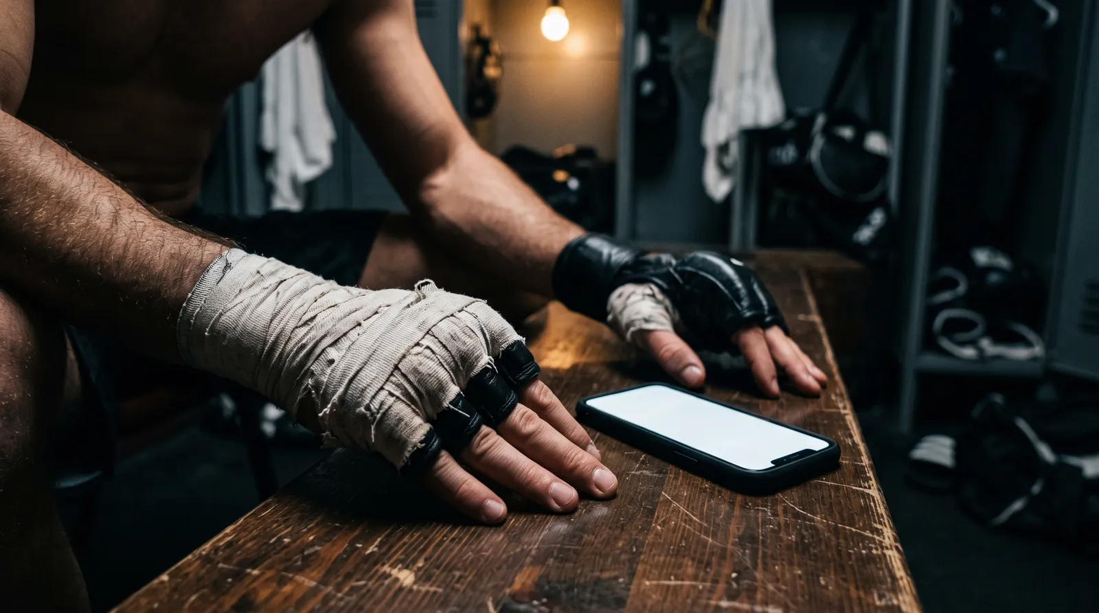 Taped fighter's hands beside a glowing phone in a dim locker room