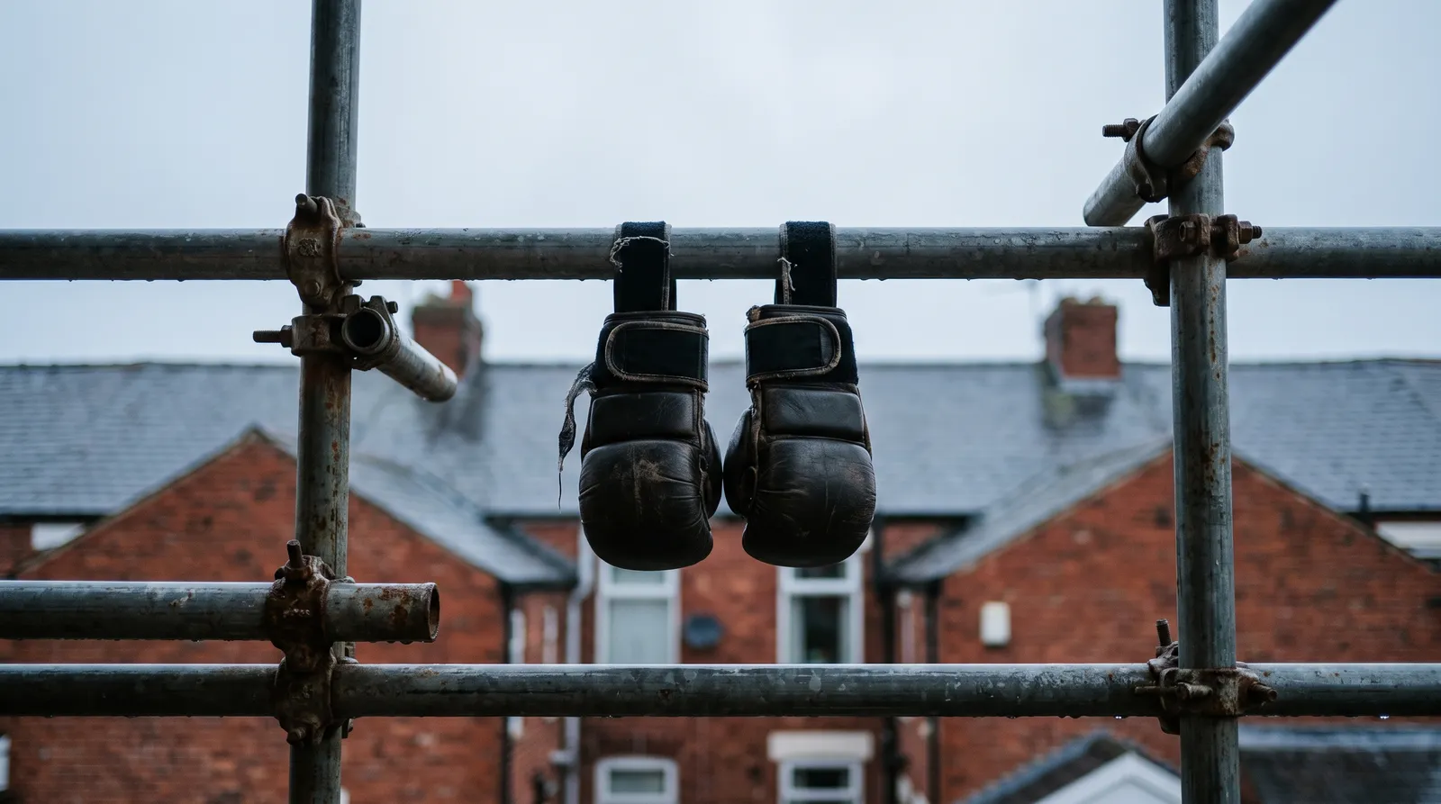 MMA gloves hanging from a steel scaffold pole on an overcast morning