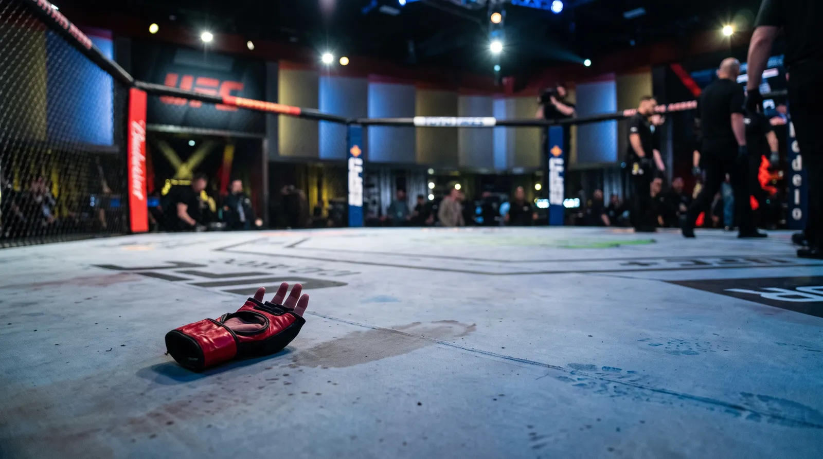 A lone fight glove lying on the octagon canvas under dimming arena lights