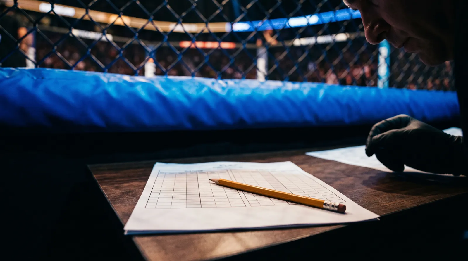 A blank judge's scorecard and pencil on a cageside table beside the Octagon fence