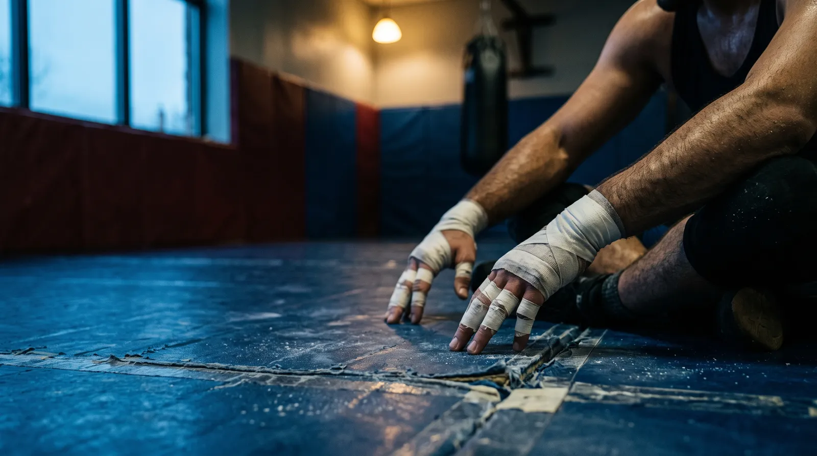 Taped hands resting on worn wrestling mats in a dim gym before dawn