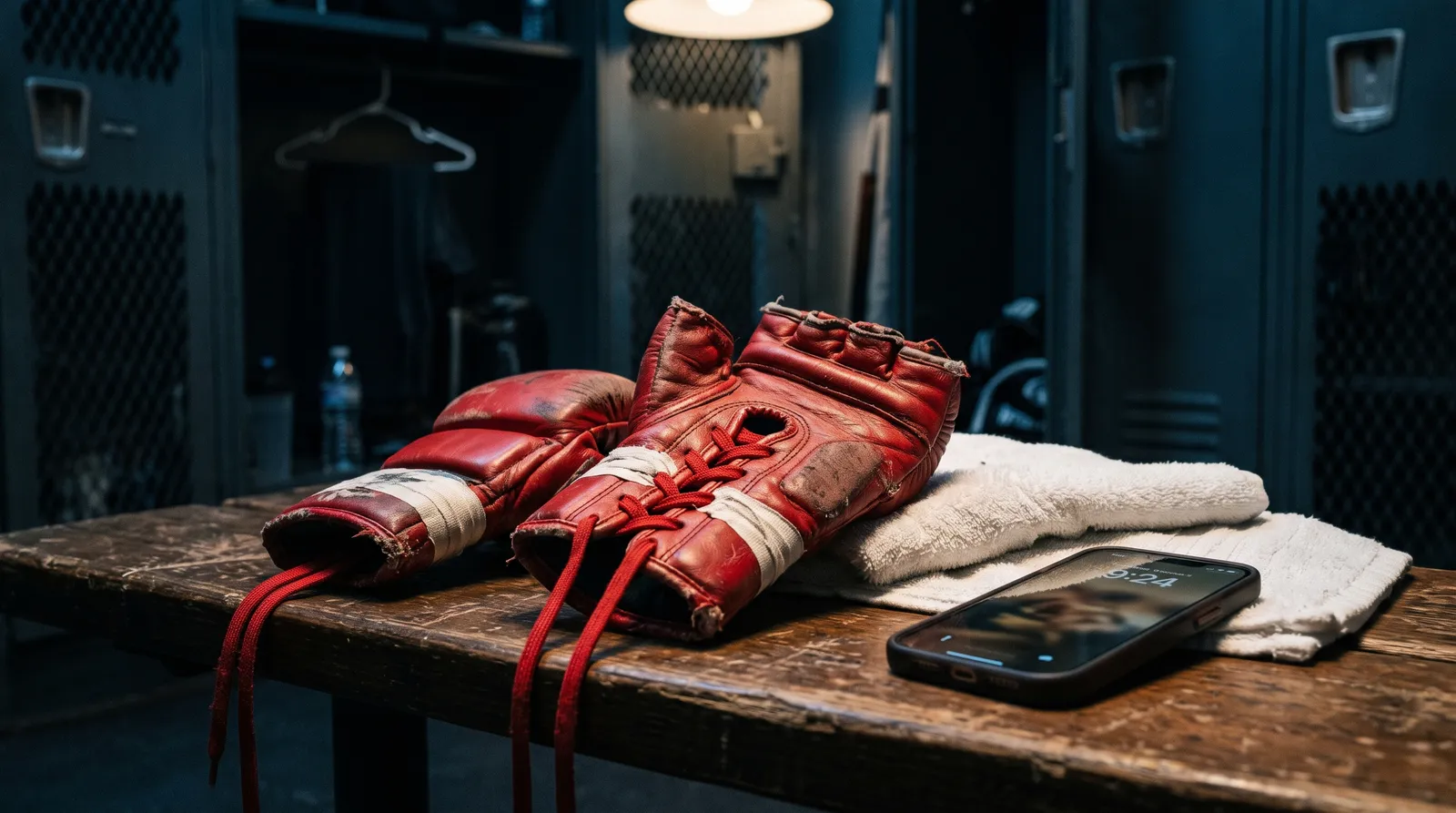 Worn MMA gloves and a glowing phone on a locker room bench