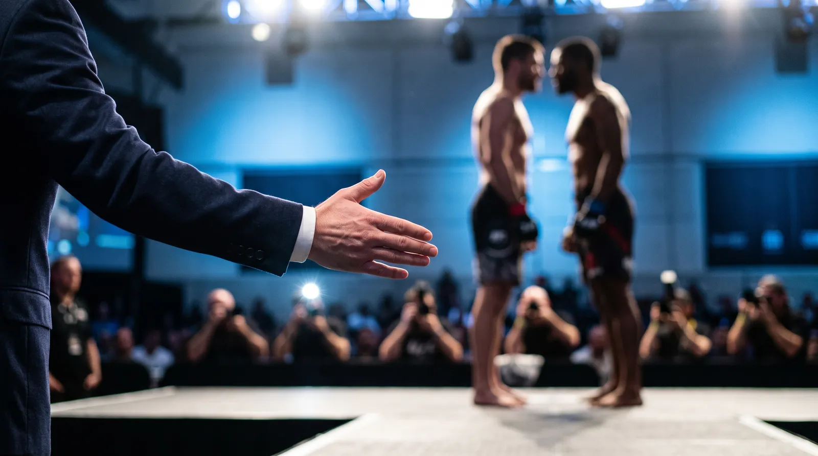 An offered handshake hangs unreturned beside two fighters facing off on a weigh-in stage