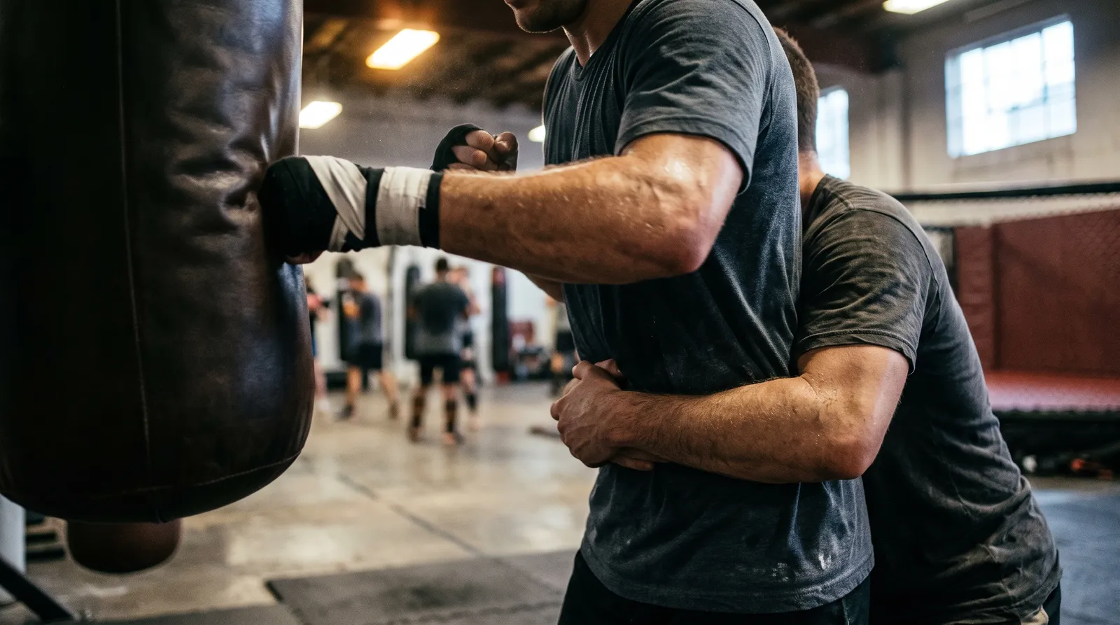 A training partner wraps his arms around a fighter's waist as the fighter punches a swinging heavy bag in a gym