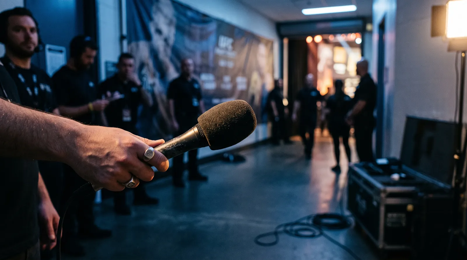 A broadcast microphone held out toward empty space backstage at a weigh-in