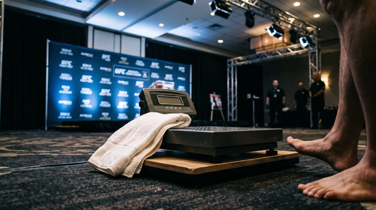 A weigh-in scale with a towel on its edge in a hotel ballroom before a UFC event
