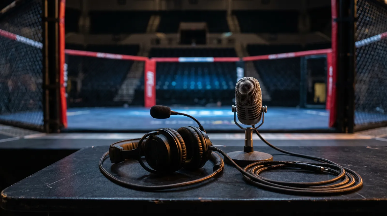 A broadcast headset and microphone on an empty cageside commentary desk in front of an octagon