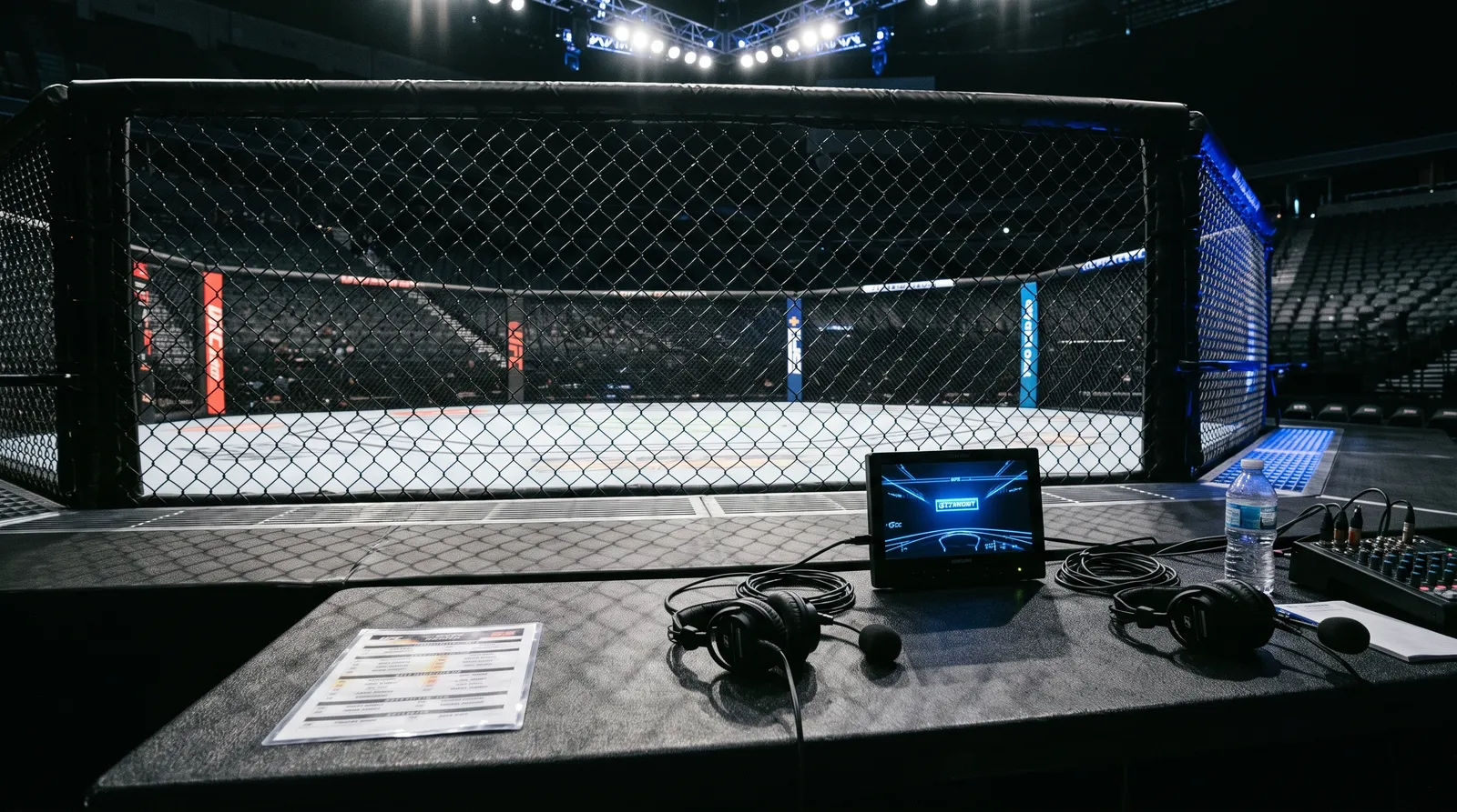 Empty cageside commentary desk with headsets in front of an octagon under work lights