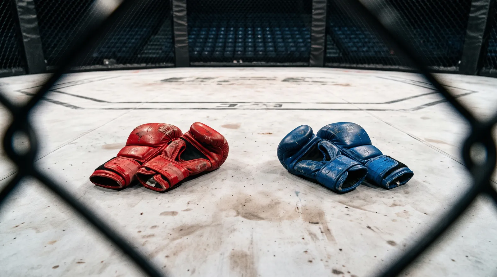 Two pairs of MMA gloves facing each other on an empty octagon canvas under work lights