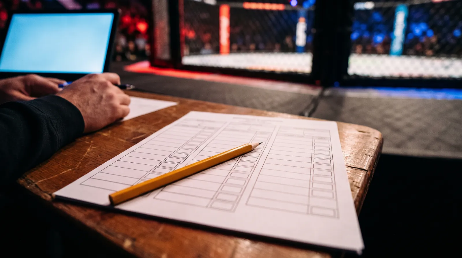 A pencil resting on a blank fight scorecard at a cageside judge's table