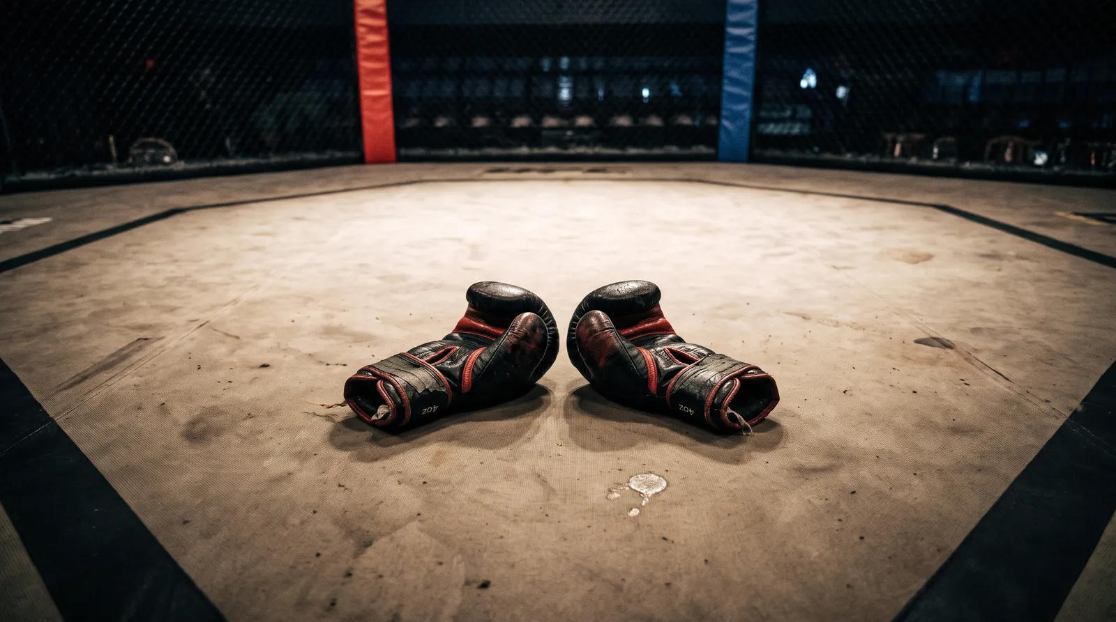 A pair of MMA gloves resting alone on the center of an empty octagon canvas under work lights